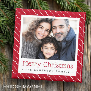 Cute dotted stripes merry Christmas red photo Magnet