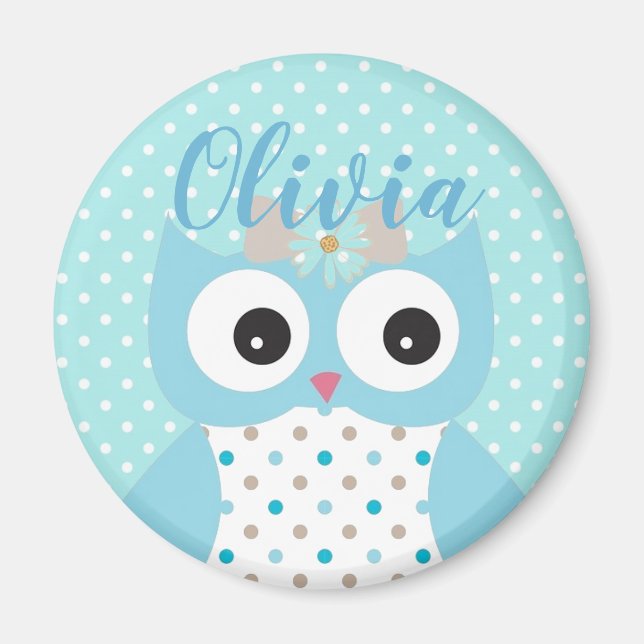 Cute Dotty Blue Owl Art Personalised Girls Magnet (Front)