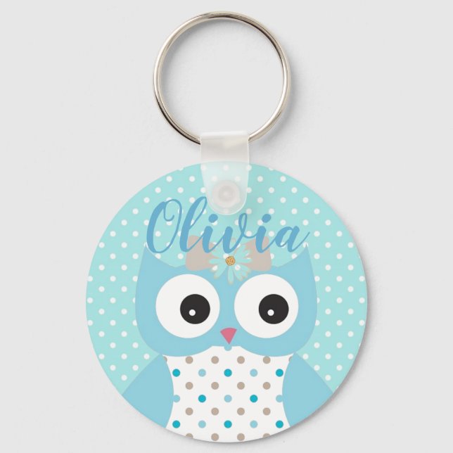 Cute Dotty Blue Owl Art Personalised Key Ring (Front)