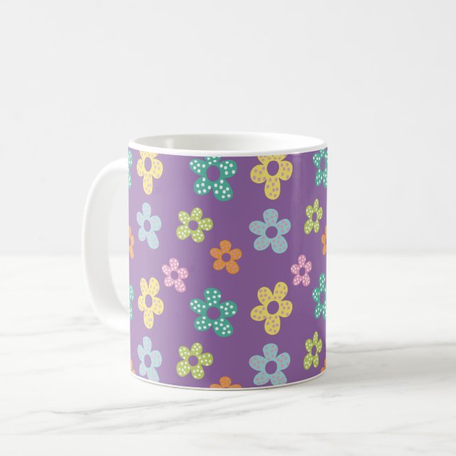 Cute Dotty Flower Pattern Purple Coffee Mug (Front Left)