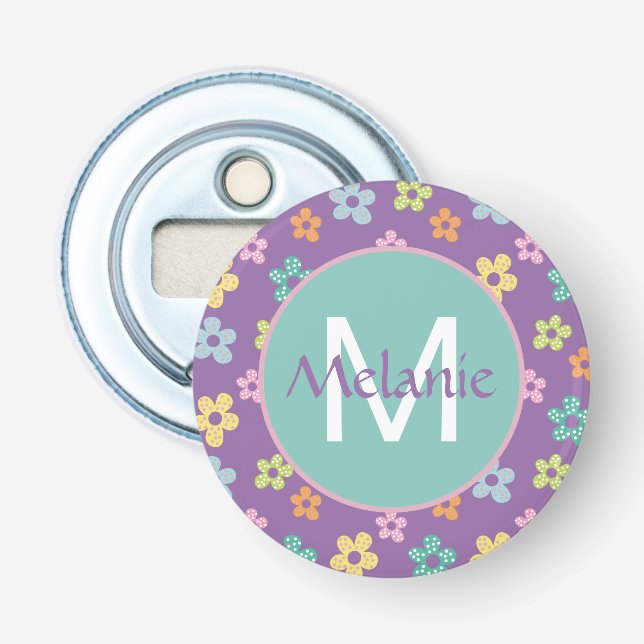 Cute Dotty Flower Pattern Purple Personalised Bottle Opener (Front)