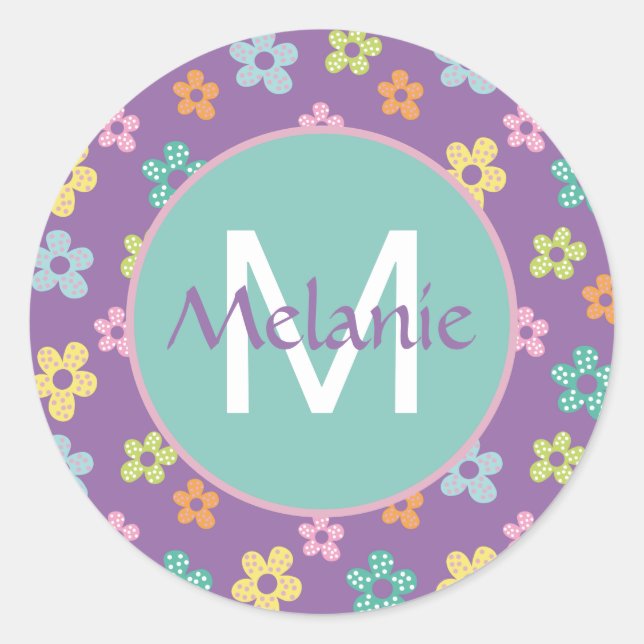 Cute Dotty Flower Pattern Purple Personalised Classic Round Sticker (Front)