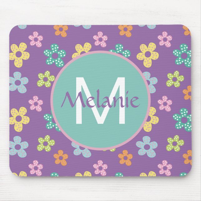 Cute Dotty Flower Pattern Purple Personalised Mouse Pad (Front)