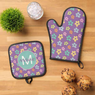 Cute Dotty Flower Pattern Purple Personalised Oven Mitt & Pot Holder Set