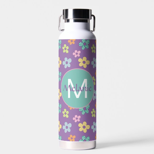 Cute Dotty Flower Pattern Purple Personalised Water Bottle (Front)