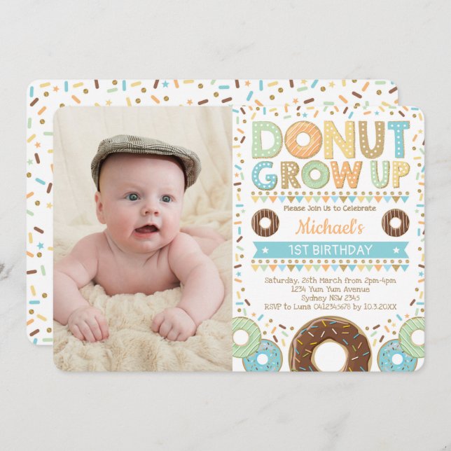 Cute Doughnut 1st Birthday Doughnut Sprinkles Boy Invitation (Front/Back)