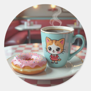 Cute Doughnut and Coffee at Retro Diner Classic Round Sticker