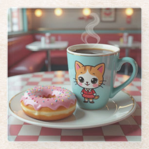 Cute Doughnut and Coffee at Retro Diner Glass Coaster