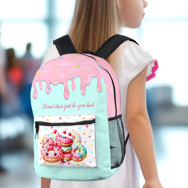 Cute Doughnut Dripping Icing Sweet Girl Pink Bow N Printed Backpack (Cute Donut Dripping Icing Sweet Girl Pink Bow Name Printed Backpack)