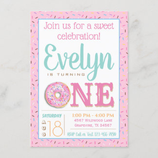 Cute Doughnut First Birthday Party Invitation