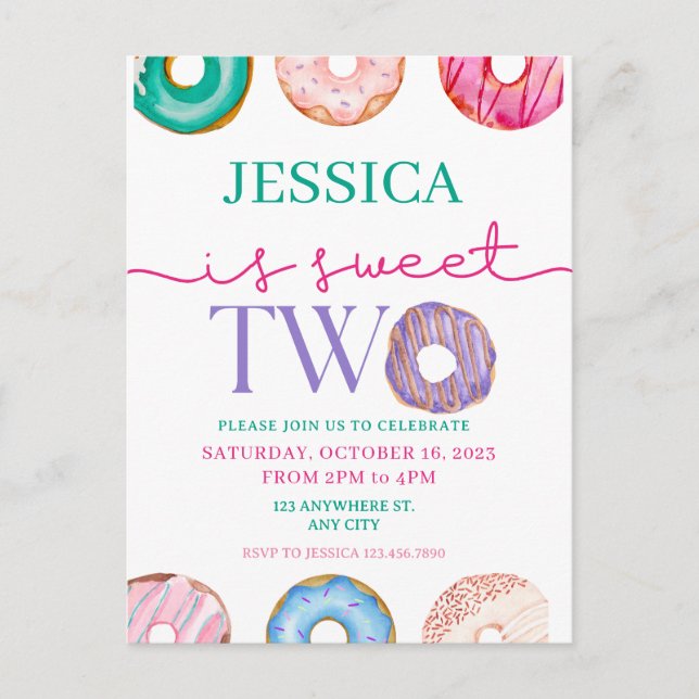Cute Doughnut Party Sweet two 2nd birthday Postcard (Front)