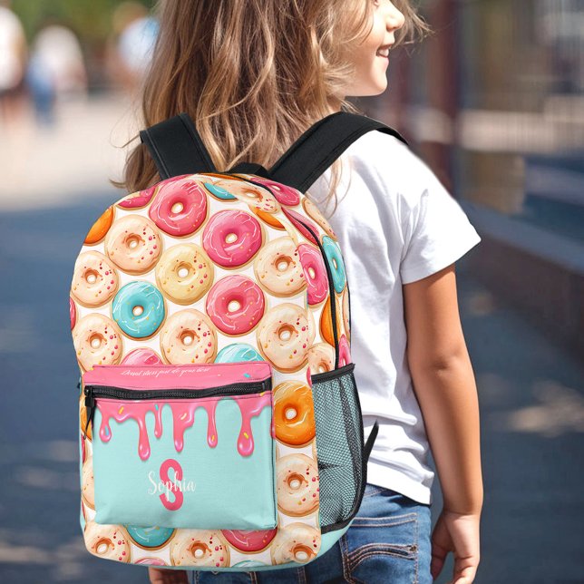 Cute Doughnut Pattern Dripping Sweet Pink Monogram Printed Backpack (Cute Donut Pattern Dripping Sweet Pink Monogram Printed Backpack)