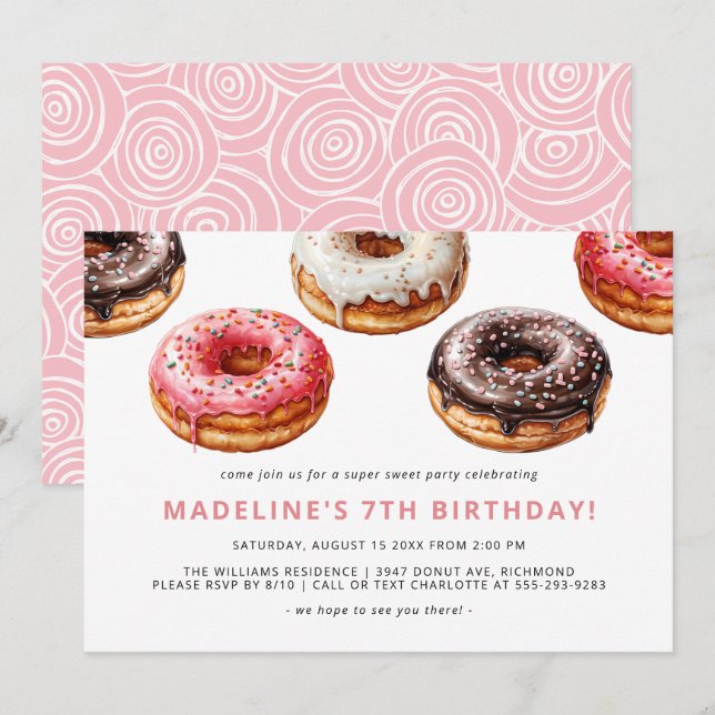 Cute Doughnuts | Fun Sweet Kids Girls Birthday Par Invitation (Front/Back)