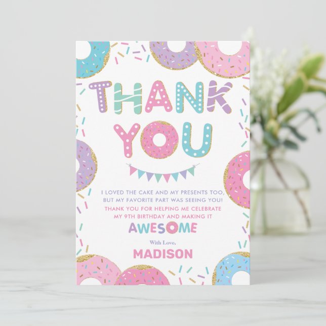 Cute Doughnuts Sprinkles Doughnuts Birthday Party  Thank You Card (Standing Front)
