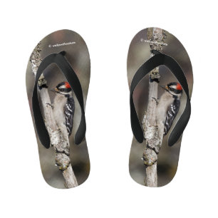 Cute Downy Woodpecker Bird on Branch Kid's Jandals