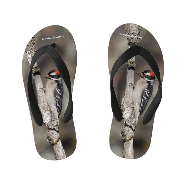 Cute Downy Woodpecker Bird on Branch Kid's Jandals (Footbed)