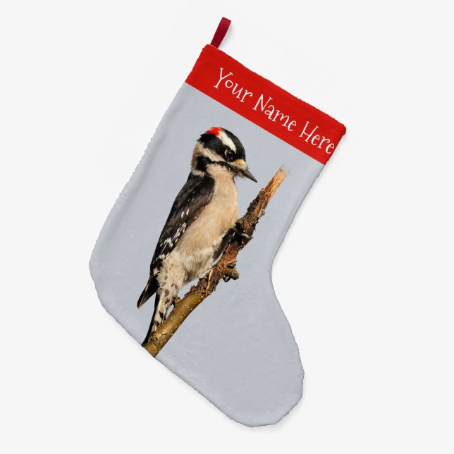 Cute Downy Woodpecker on Fruit Tree Large Christmas Stocking (Front (Hanging))