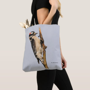 Cute Downy Woodpecker on Fruit Tree Tote Bag