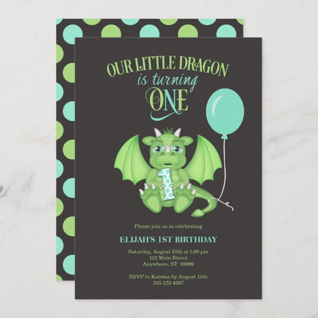 Cute Dragon 1st Birthday Invitation (Front/Back)