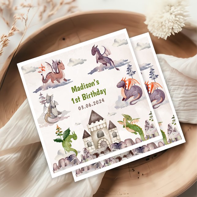 Cute Dragon 1st Birthday Party Napkin (Creator Uploaded)