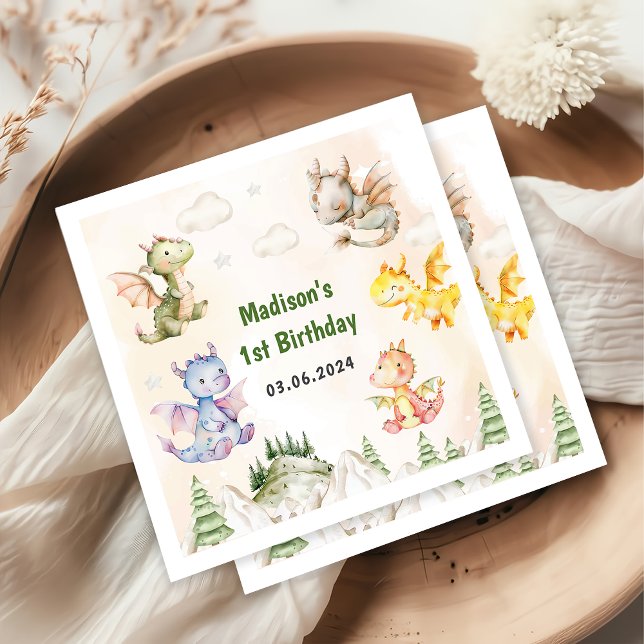 Cute Dragon 1st Birthday Party Napkin (Creator Uploaded)