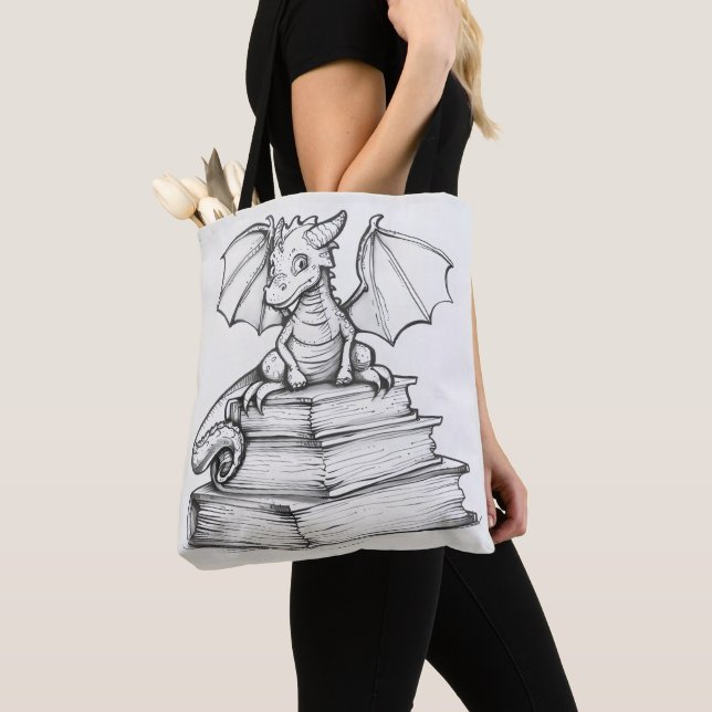 Cute Dragon and Books Tote Bag (Close Up)