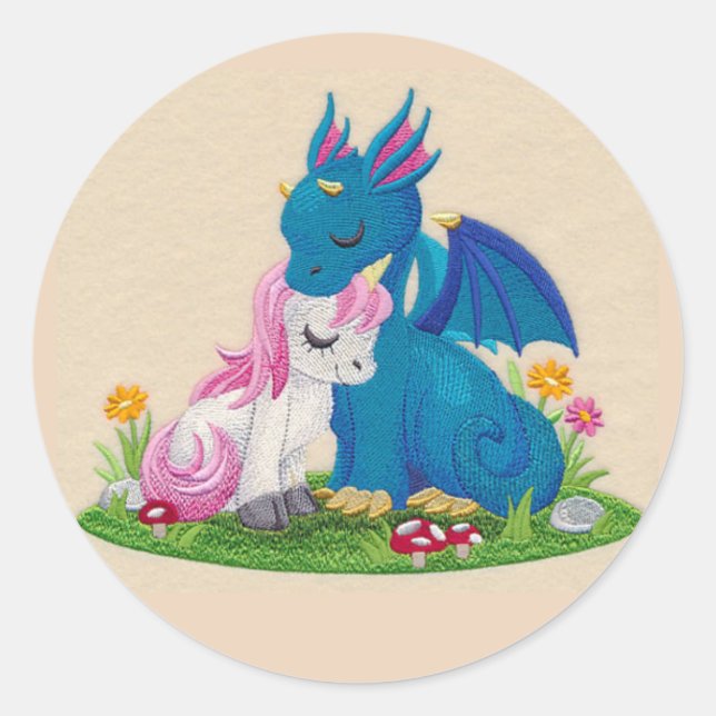 Cute Dragon and Unicorn In Love Classic Round Sticker (Front)