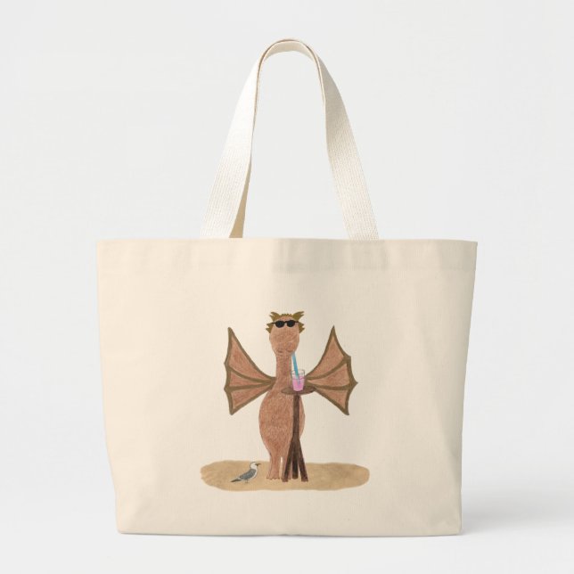 Cute Dragon at the Beach Large Tote Bag (Front)