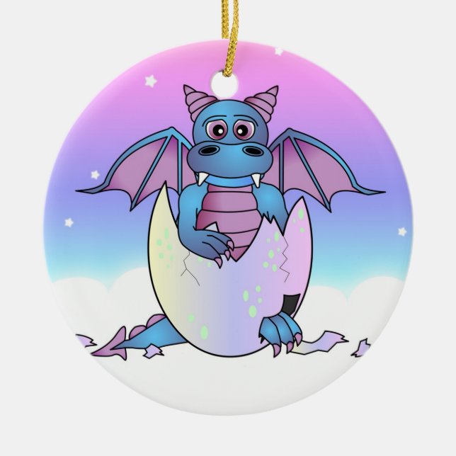 Cute Dragon Baby in Cracked Egg - Blue / Purple Ceramic Tree Decoration (Front)
