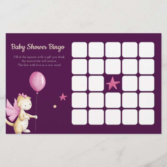 Cute Dragon Baby Shower Burgundy Bingo Game (Front)