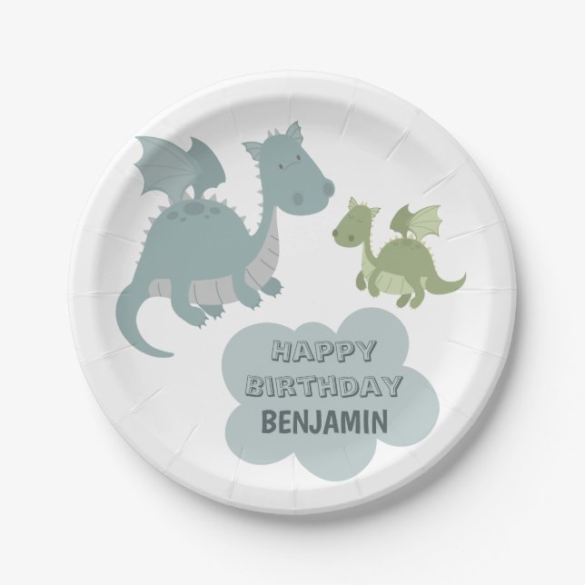 Cute Dragon Blue Green Personalised Name Birthday Paper Plate (Front)