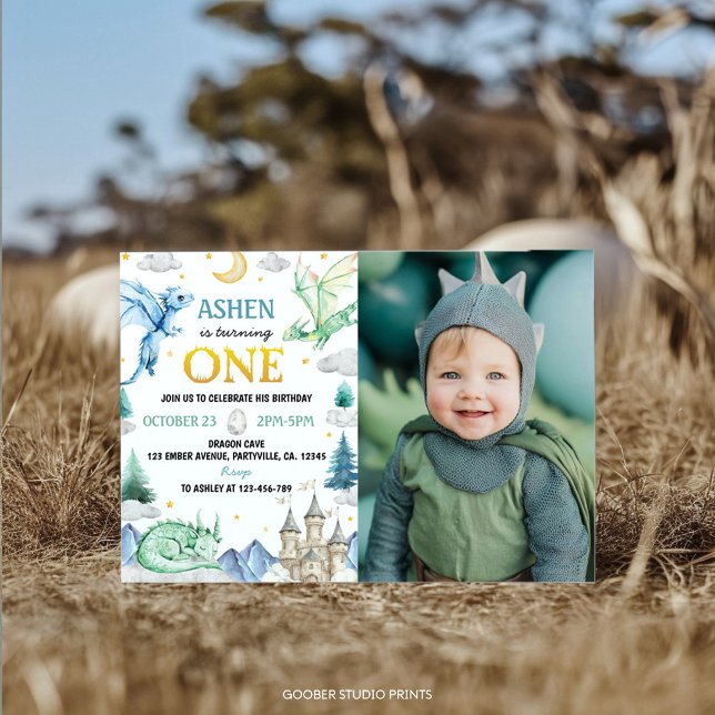 Cute Dragon Boy 1st Birthday Photo Invitation (Creator Uploaded)