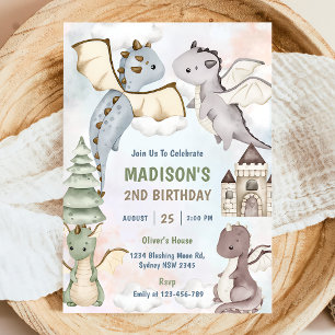 Cute Dragon Boy 2nd Birthday Party Invitation