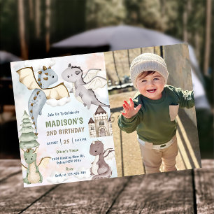 Cute Dragon Boy 2nd Birthday Party Photo  Invitation