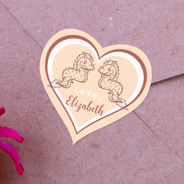 Cute Dragon Chinese Valentine's Day Pink Heart Sticker (Share the magic of love with duo dragons heart stickers.)