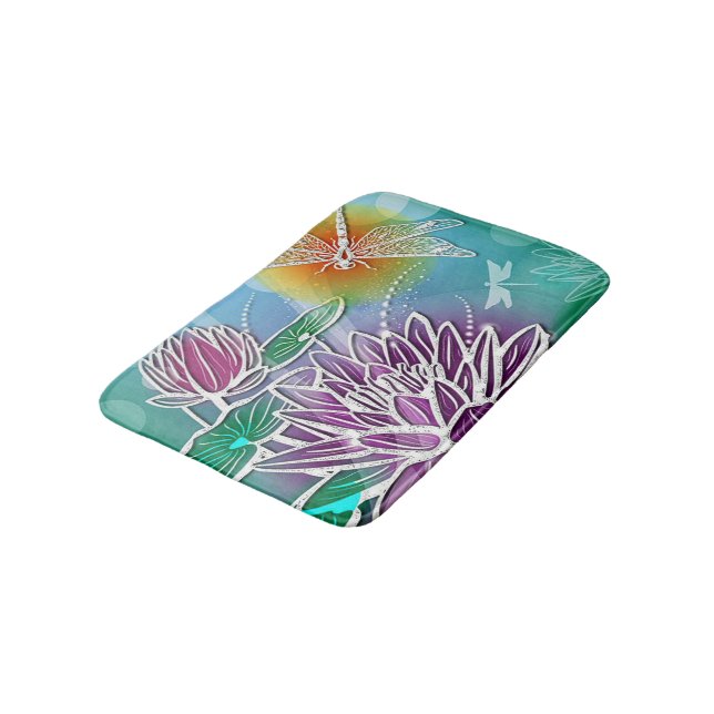Cute Dragon Fly Pretty Summer Colours Modern Flora Bath Mat (Angled)