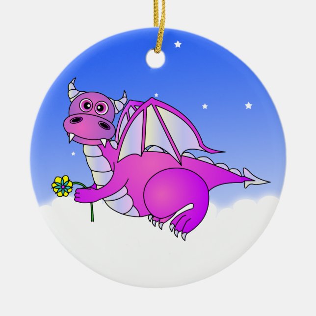 Cute Dragon Flying in the Clouds - Blue / Purple Ceramic Tree Decoration (Front)