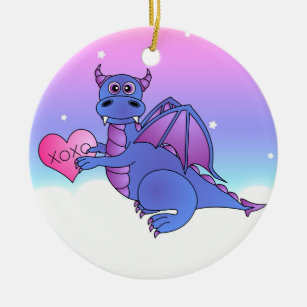 Cute Dragon Flying Loves You - Blue / Purple Ceramic Tree Decoration