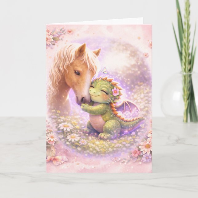 Cute Dragon & Horse Friendship Greeting Card (Front)