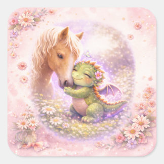 Cute Dragon & Horse Friendship Greeting Card Square Sticker