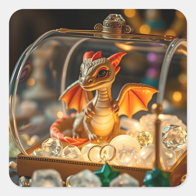 Cute Dragon in a Jewellery Box Square Sticker (Front)