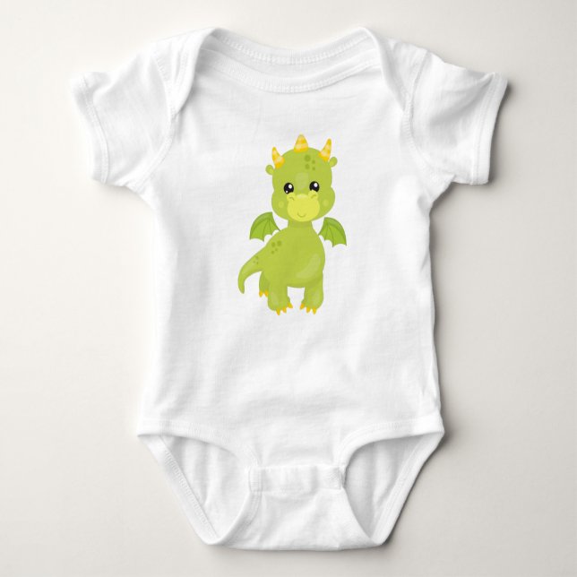 Cute Dragon, Little Dragon, Green Dragon, Magic Baby Bodysuit (Front)