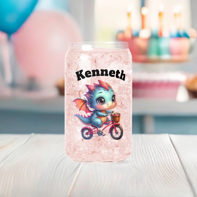 Cute dragon on a bike with a bright basket can glass (Insitu (Baby Shower))