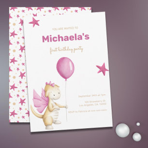 Cute Dragon Pink Girl First Birthday Invitation