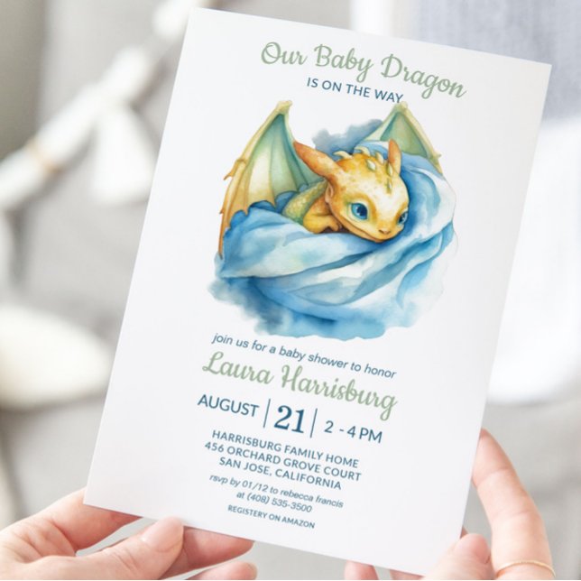 Cute Dragon Sage Green Blue Baby Boy Shower Invitation (Drago Baby Shower Invitation)