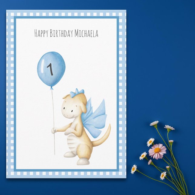 Cute Dragon with Balloon First Birthday Card (Creator Uploaded)