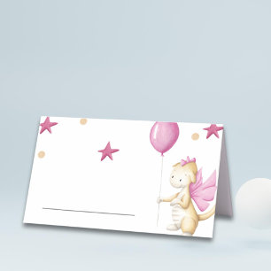 Cute Dragon with Balloon Pink Girl Baby Shower Place Card