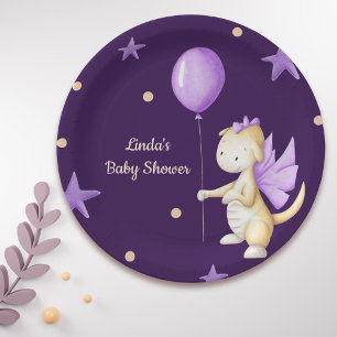 Cute Dragon with Balloon Purple Girl Baby Shower Paper Plate