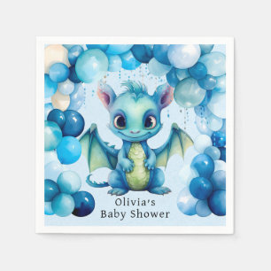 Cute Dragon with Blue Balloons Boy Baby Shower Napkin