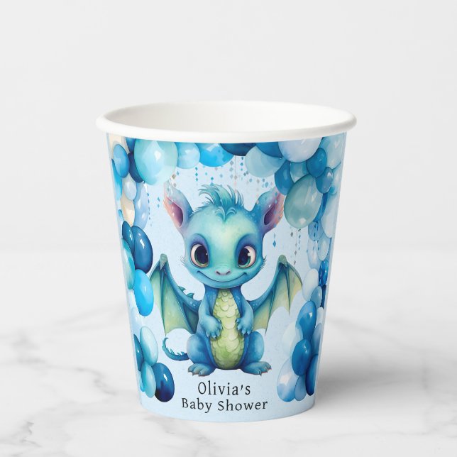 Cute Dragon with Blue Balloons Boy Baby Shower Paper Cups (Front)
